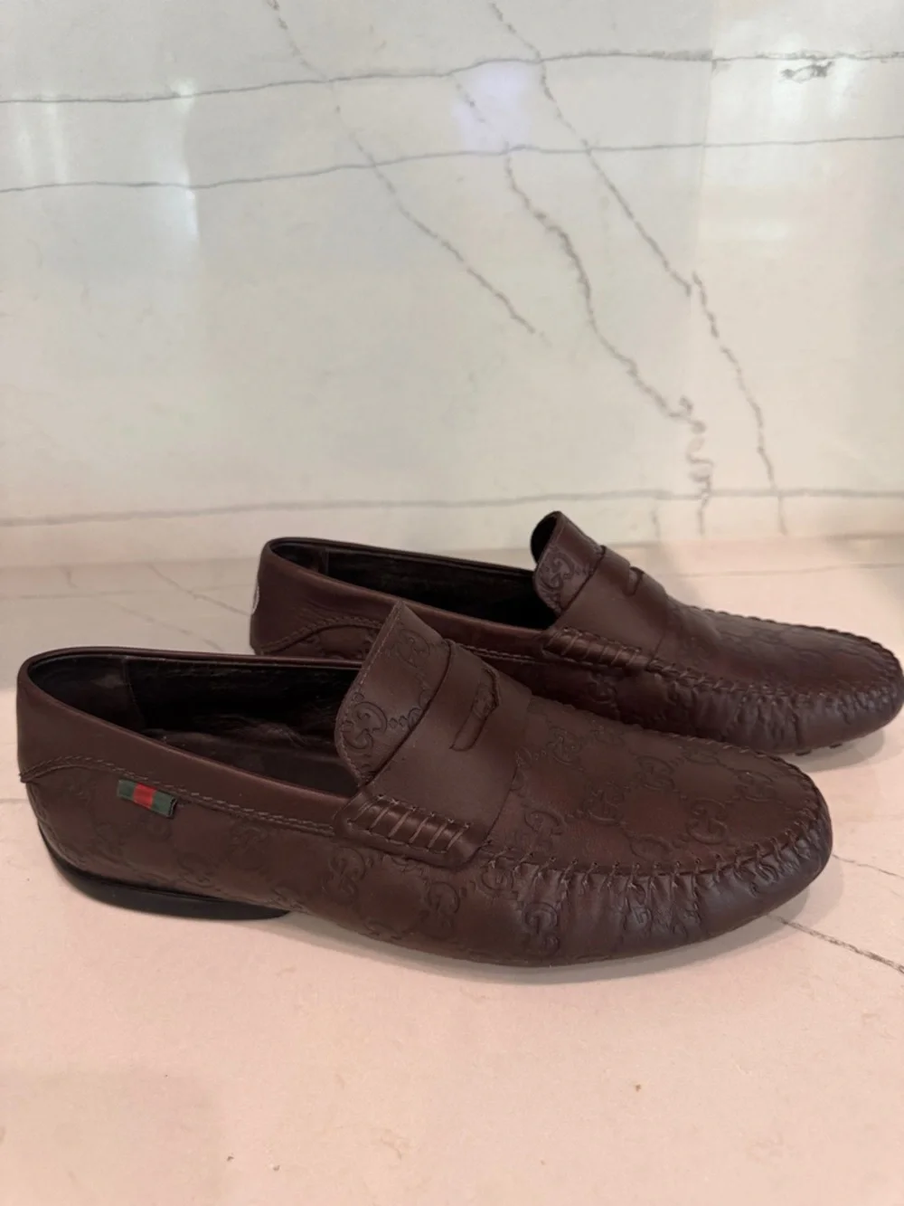 Gucci Brown Embossed GG Leather Penny Loafers - Picture 3 of 12